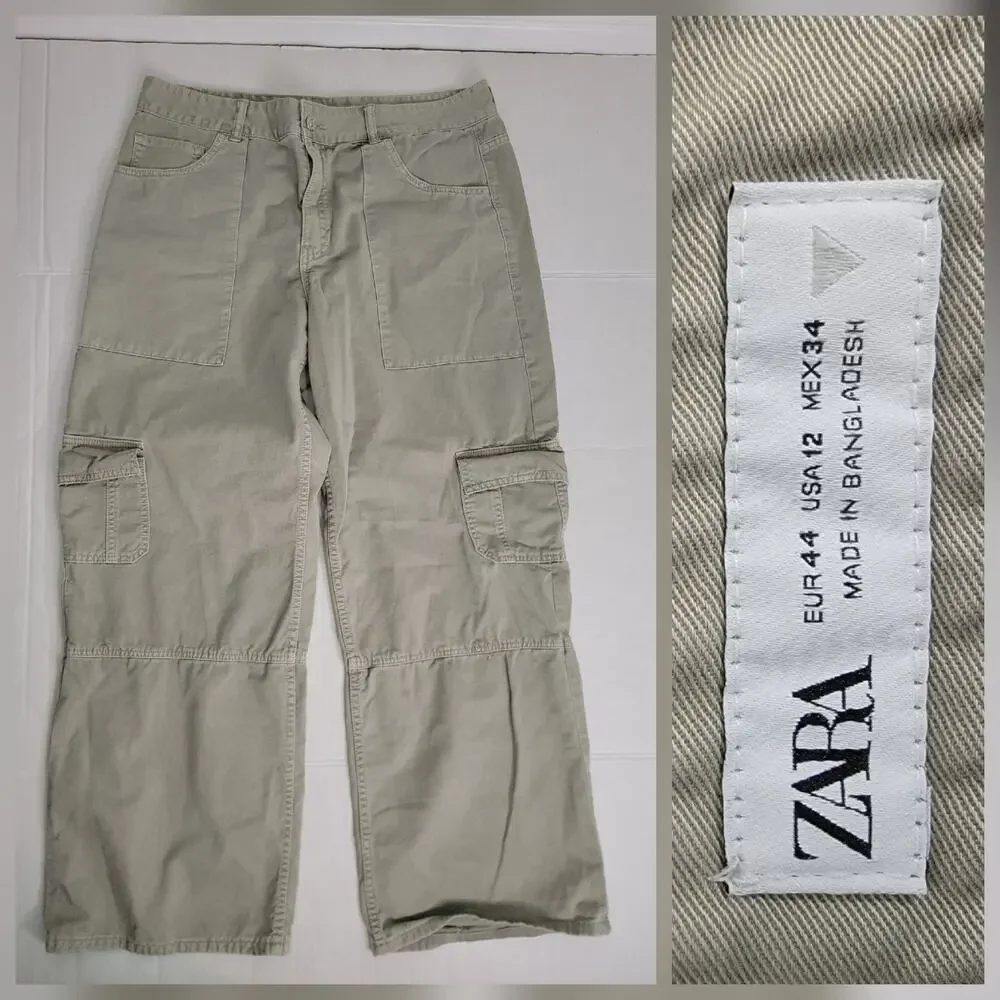 Zara Cargo Trouser Pants Womens Sz 12 Straight Wide Leg High Rise Green Drapey
